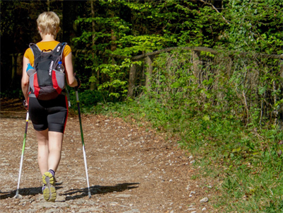 ein Junge mit einem Rucksack, der auf einem Feldweg im Wald spazieren geht